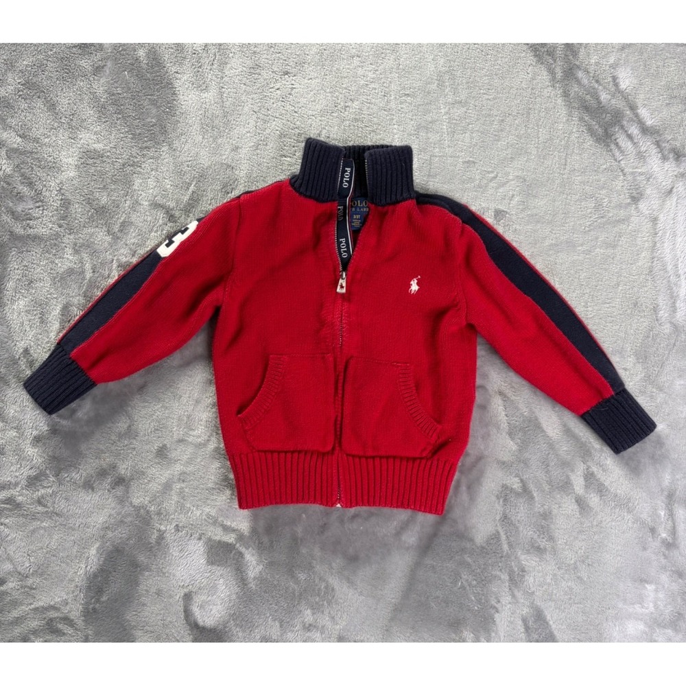 Polo Ralph Lauren 3 Toddler Boys Full Zip Knit Sweater Jacket 3T Red Ribbed Trim